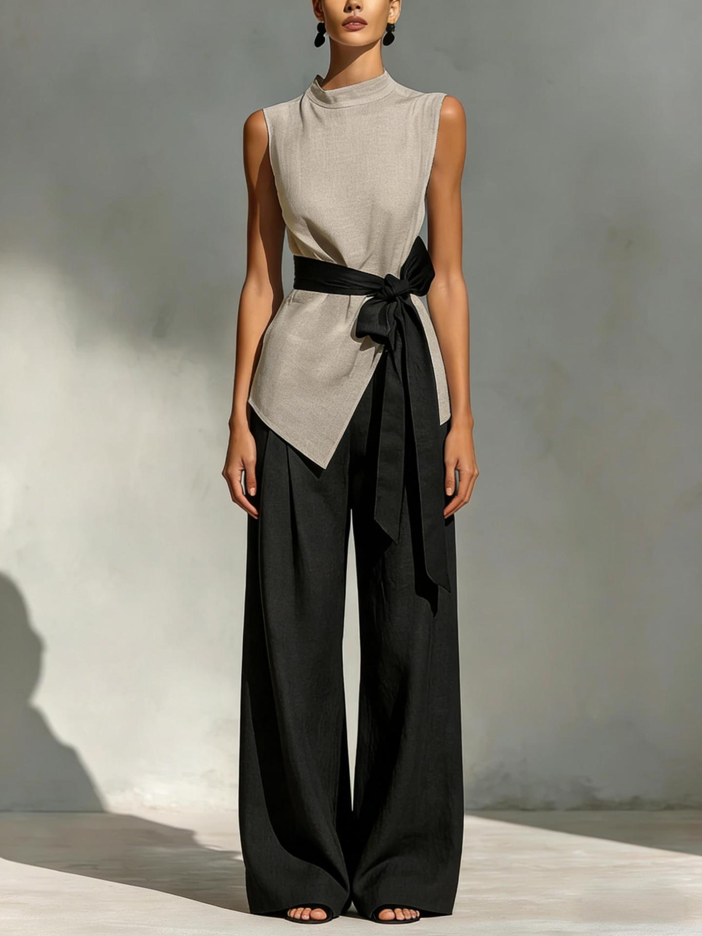Womens Lace-Up Sleeveless Top And Wide-Leg Pants Two-Piece Set - Image 3