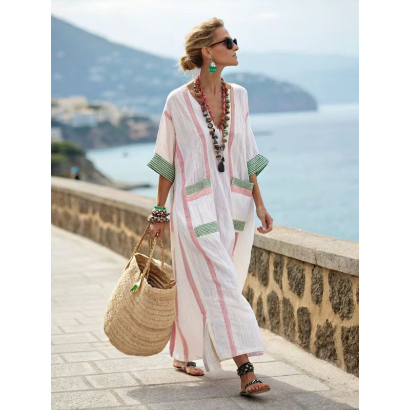 Beach Vacation Long Striped Embroidered Dress - Image 10