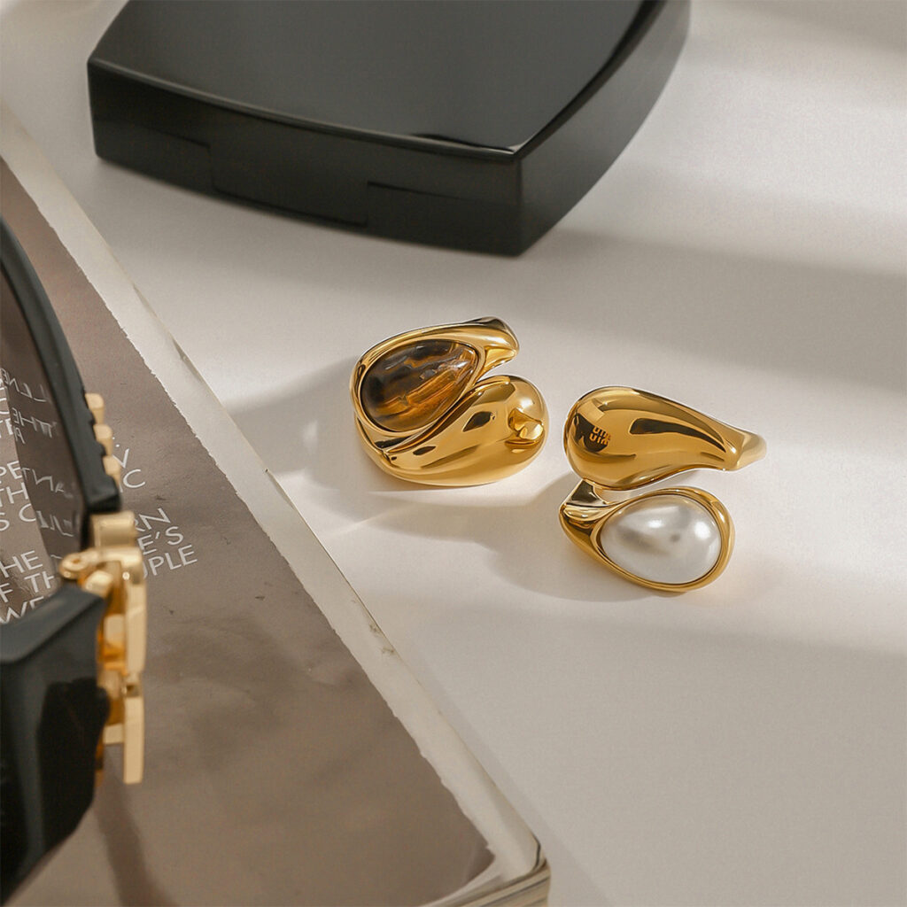 Versatile Fashionable Waterdrop-Inlaid Pearl Stainless Steel Open Ring