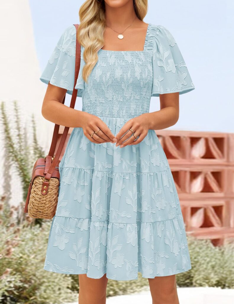 Short-sleeve Square-neck Flowy Floral Dress