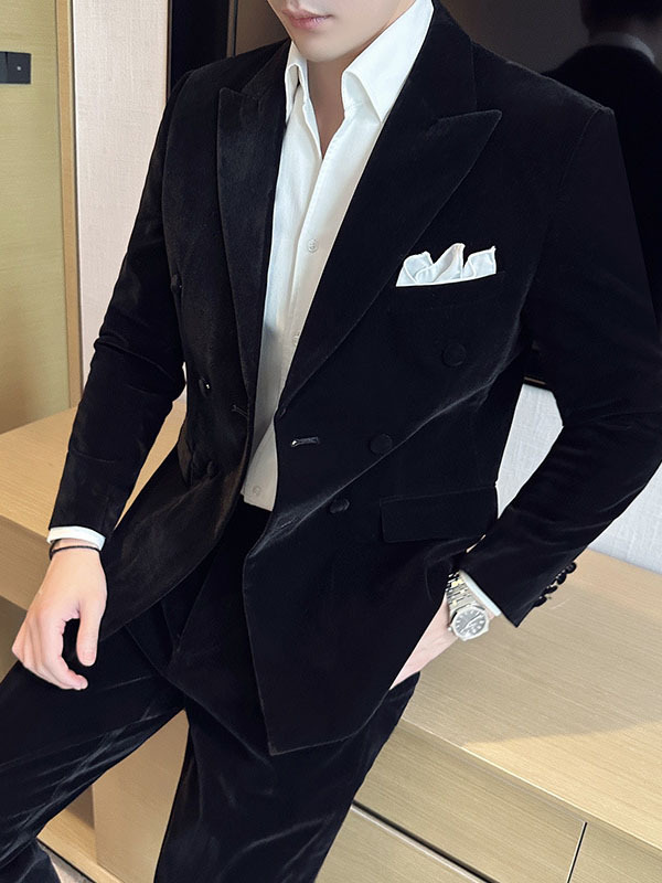 Men's Peak Lapel Double-breasted Velvet Two-piece Suit - Image 3