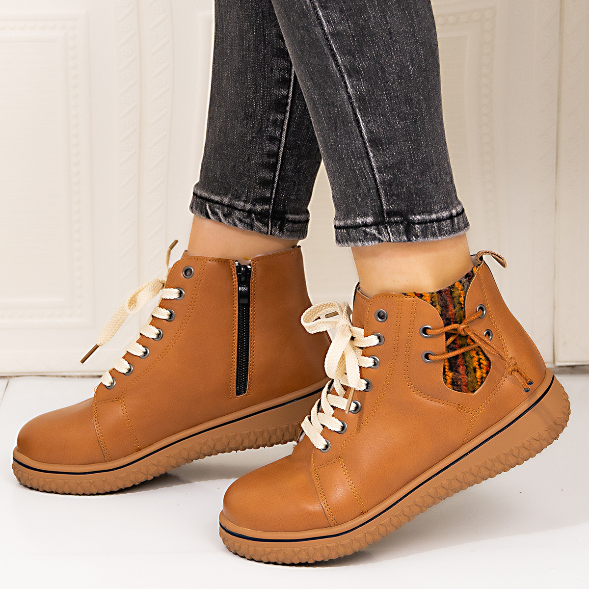 PU Casual Shoes With Front Laces, Winter Cotton Boots - Image 11