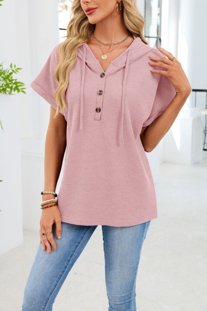 Womens Waffle-Weave Hooded Drawstring Short-Sleeve Top With Buttons