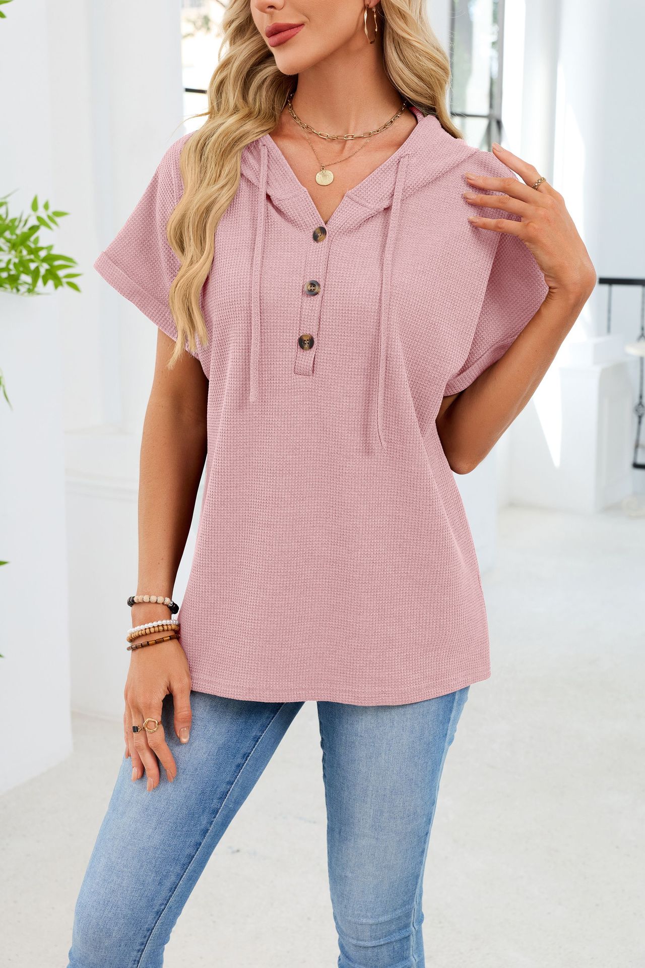 Womens Waffle-Weave Hooded Drawstring Short-Sleeve Top With Buttons - Image 33