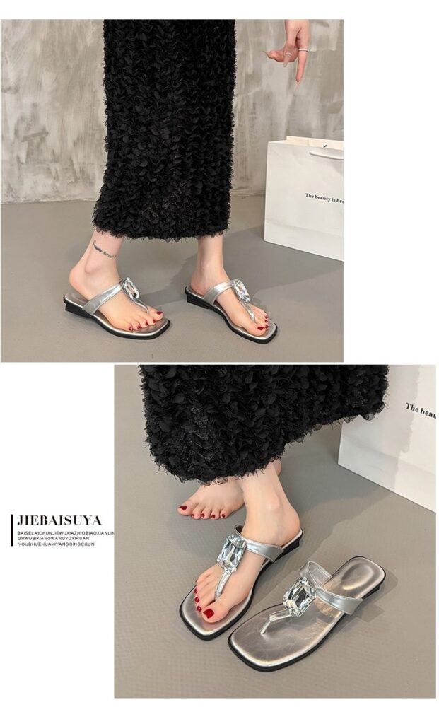 Oversized Crystal, Square Toe, Thong Sandals, French Glam, Low Block Heel, Slides
