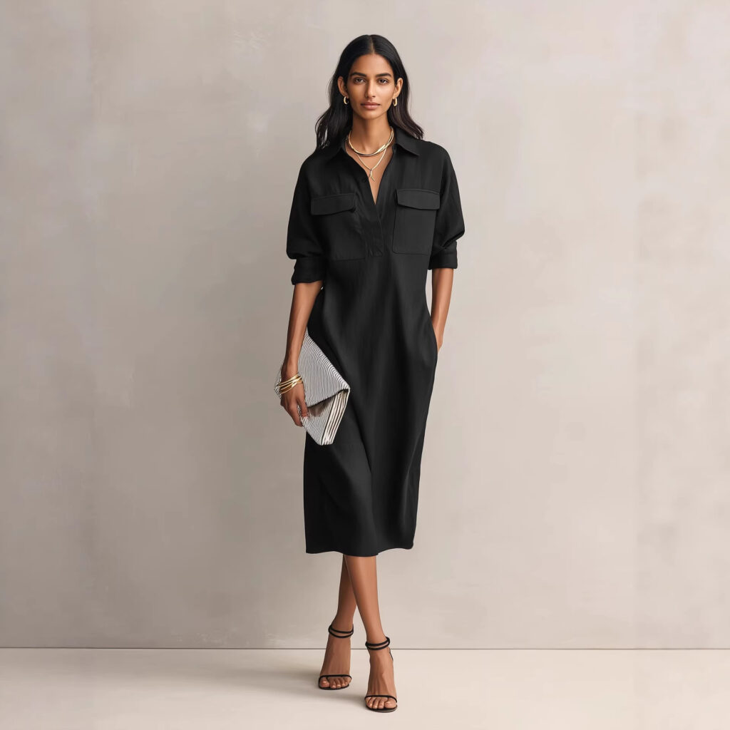 Womens French-style Elegant Commuter Shirt Dress With A Defined Waist, Slimming Fit