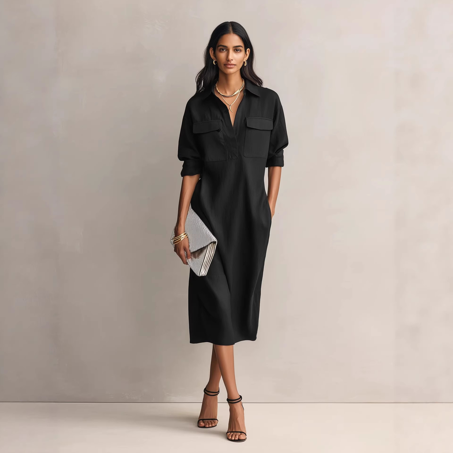 Womens French-style Elegant Commuter Shirt Dress With A Defined Waist, Slimming Fit - Image 1