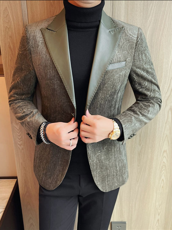 Jacquard Velvet Leather Lapel Men's Blazer - Image 24