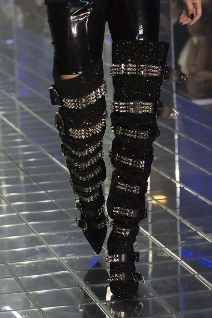 Hot-stone-embellished Skull-toe Studded Pointed-toe Over-the-knee Boots - Image 10