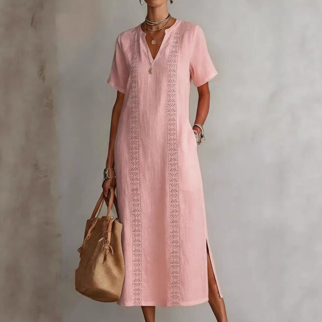Women's Retro Hollow-Out Lace V-Neck Cotton-Linen Dress