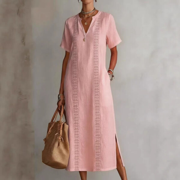 Women's Retro Hollow-Out Lace V-Neck Cotton-Linen Dress - Image 10