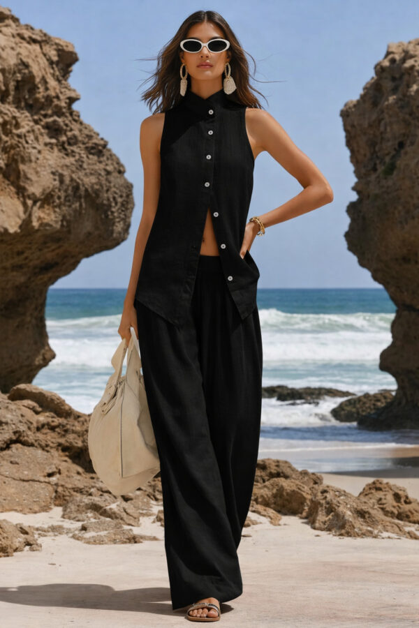 Front-button Cardigan Cotton Top And Pants Set - Image 10