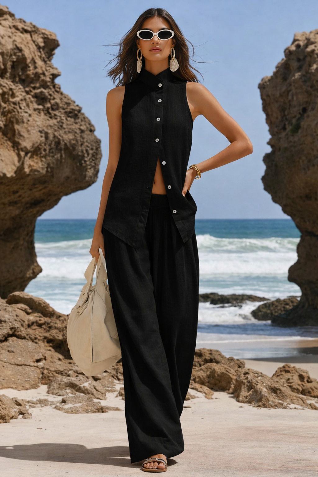 Front-button Cardigan Cotton Top And Pants Set - Image 10