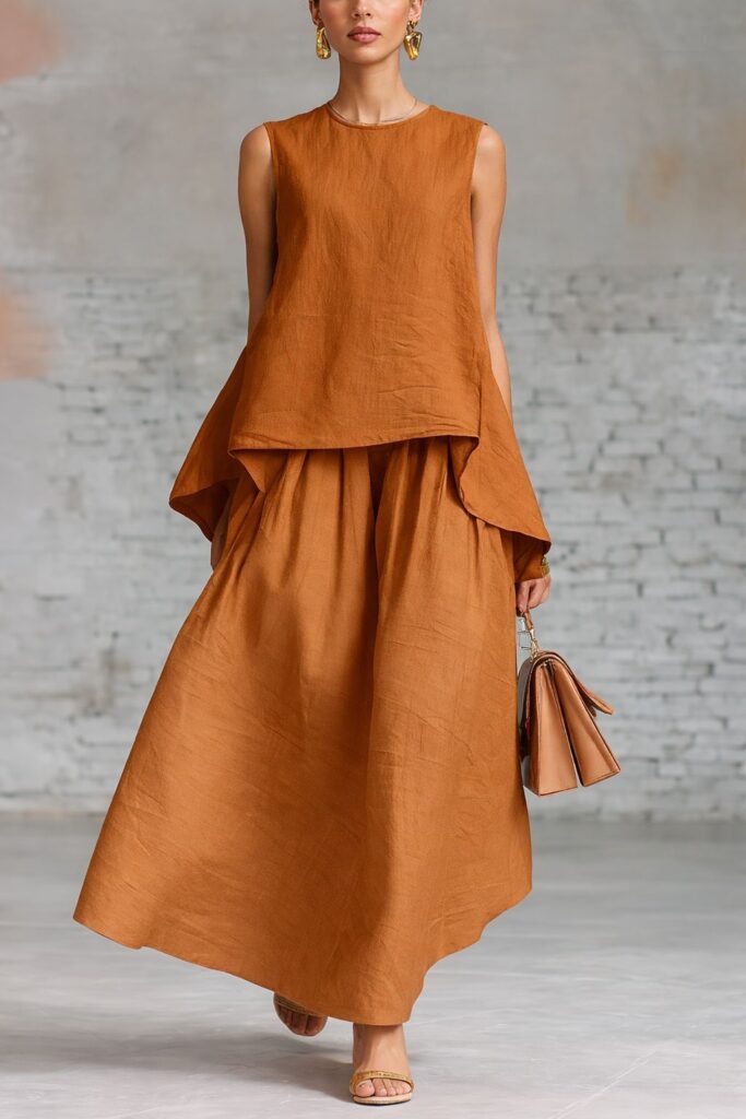 Elastic-waist Sleeveless Top With An Asymmetrical Hem And A Pleated Maxi Skirt