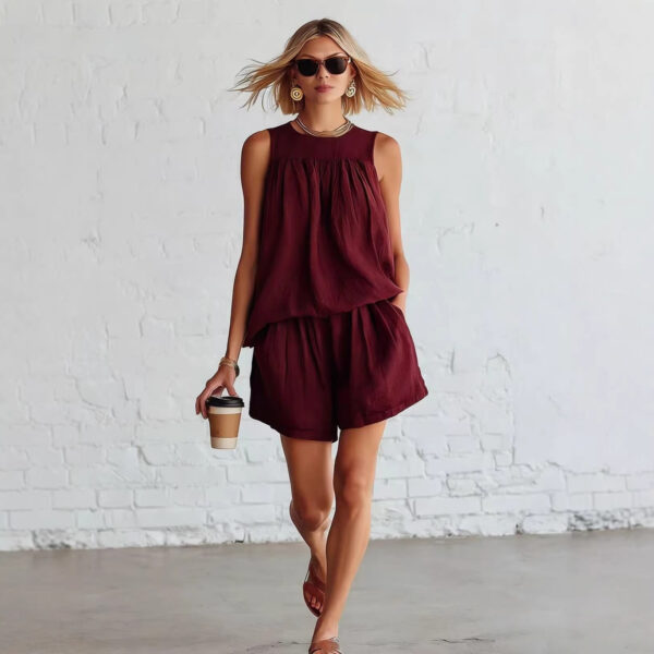 Womens Fashionable Retro Cotton-Linen Sleeveless Top And Wide-Leg Shorts Set - Image 8