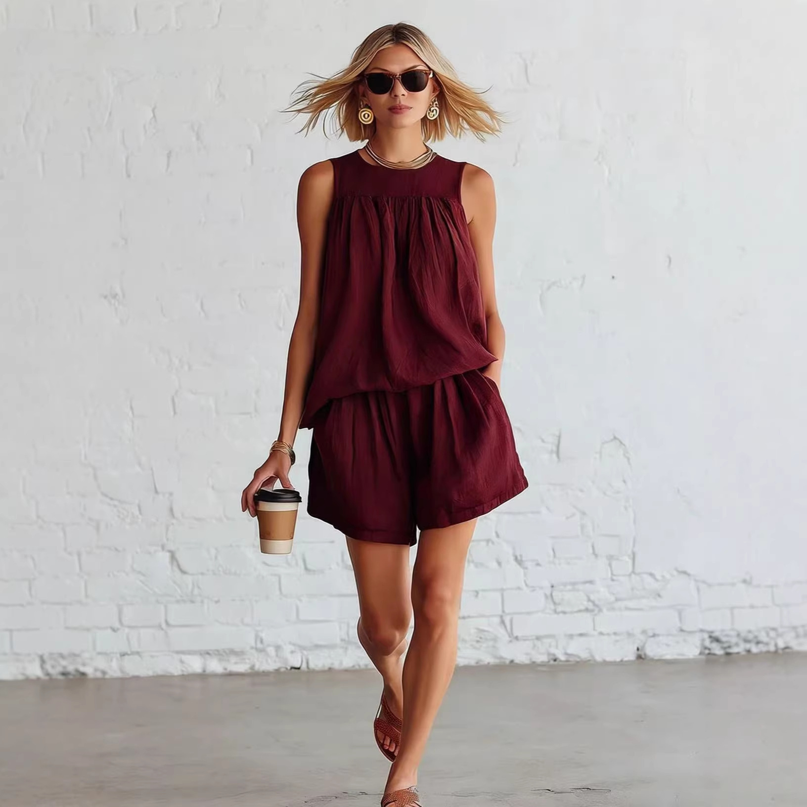 Womens Fashionable Retro Cotton-Linen Sleeveless Top And Wide-Leg Shorts Set - Image 8