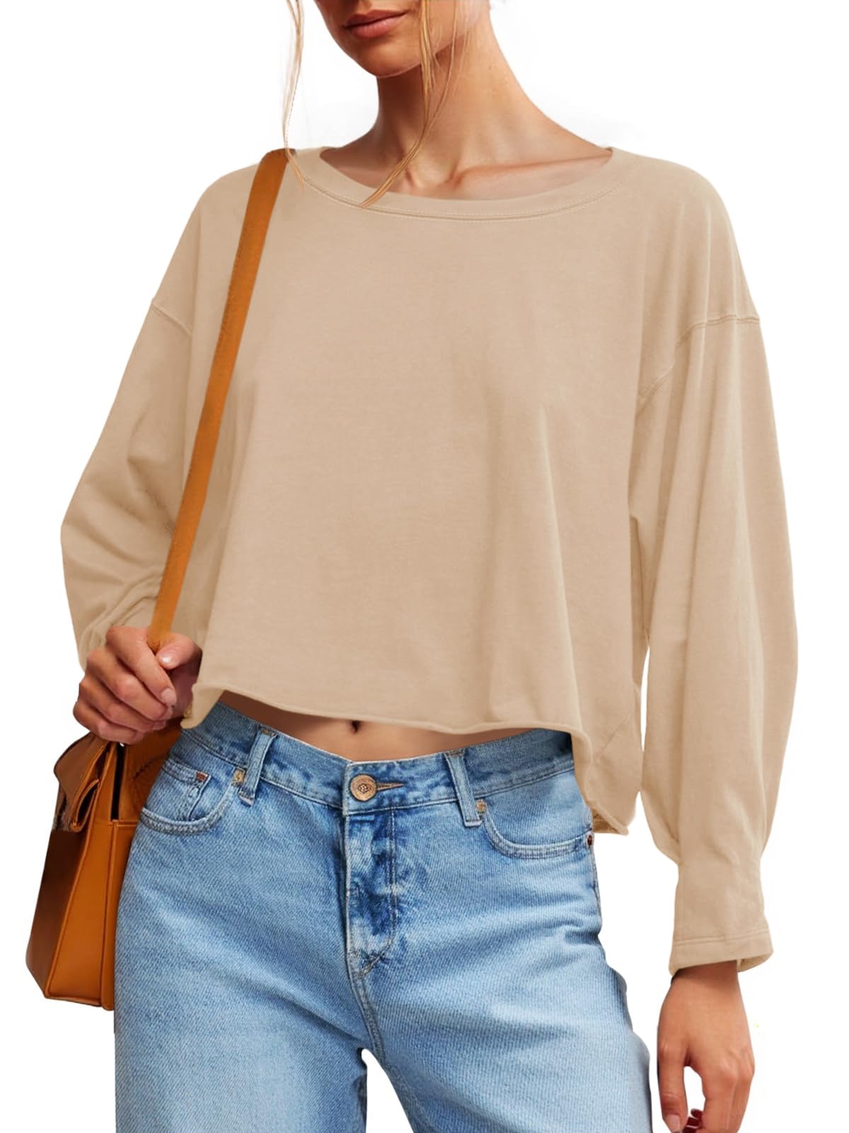 Fisoew Womens Long Sleeve Crop Tops Loose Fit Crew Neck Cropped T Shirts 2025 Casual Workout Tee Shirt Tops - Image 15