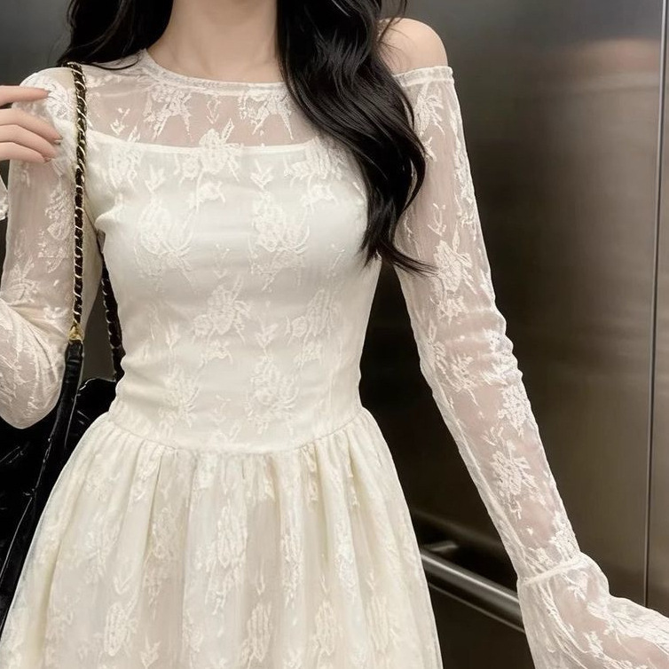 Korean-style Milk Apricot Long-Sleeve Lace Patchwork Dress - Image 3
