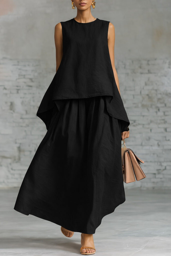 Elastic-waist Sleeveless Top With An Asymmetrical Hem And A Pleated Maxi Skirt