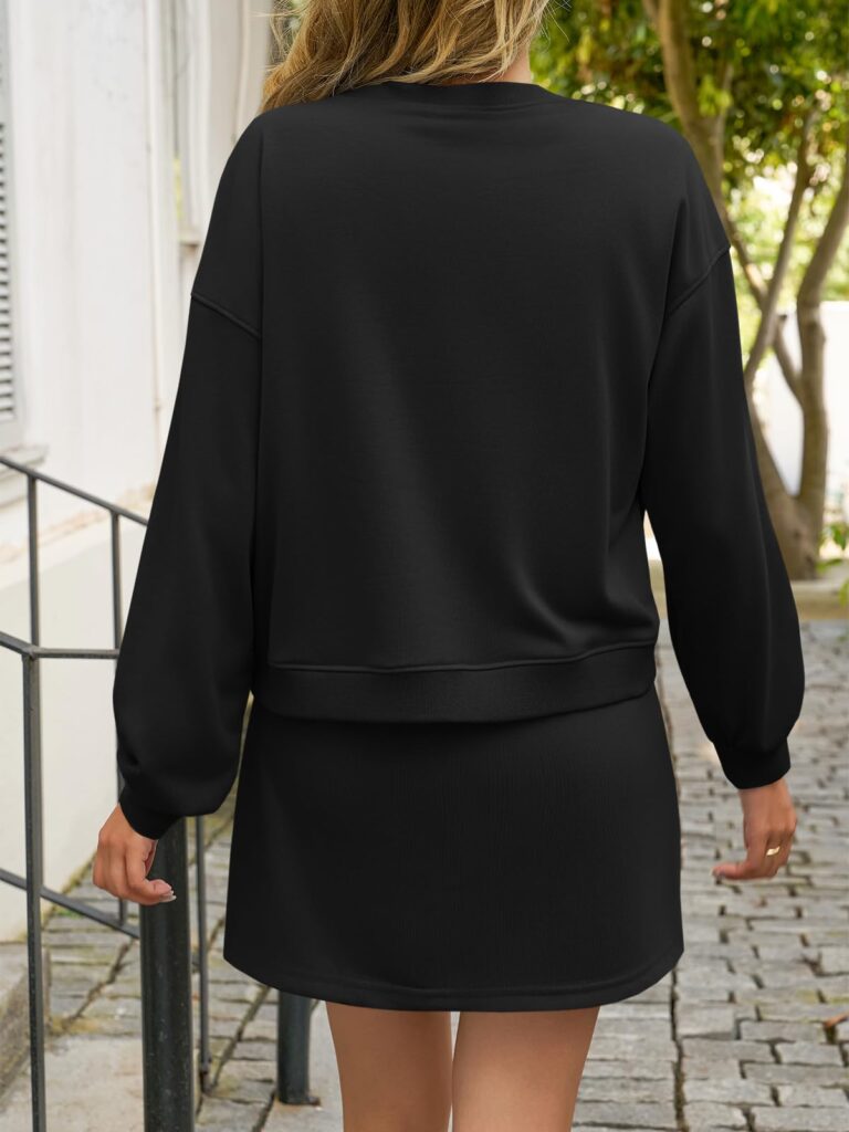 Fisoew 2 Piece Sets For Women Cotton Workout Sets Sweatshirt Top High Waisted Lined Split Athletic Skirt Set