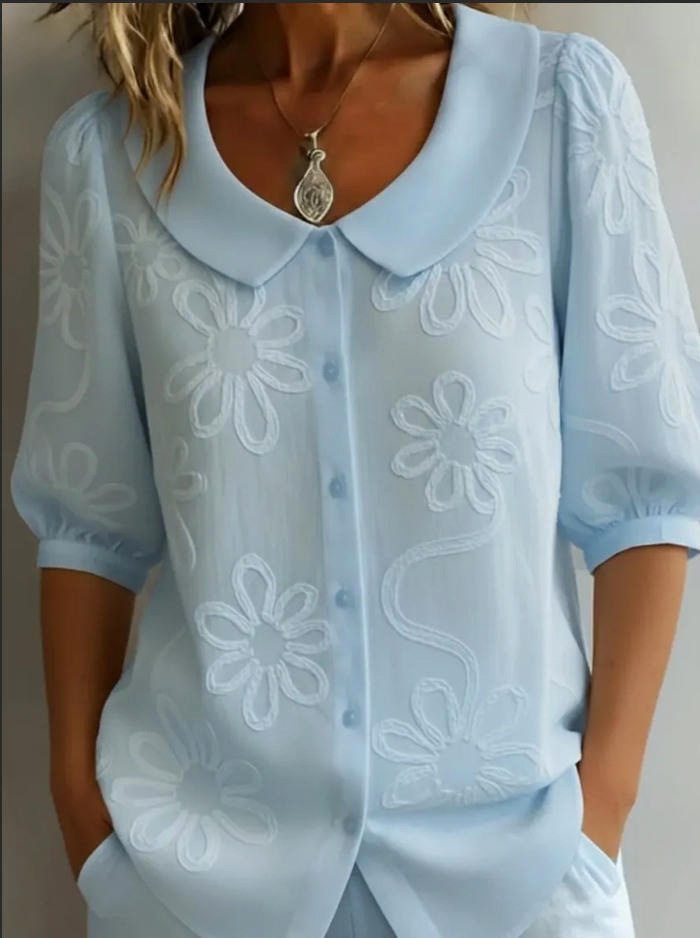 Loose-fit Retro Buttoned 3D Embroidered Floral Shirt - Image 10