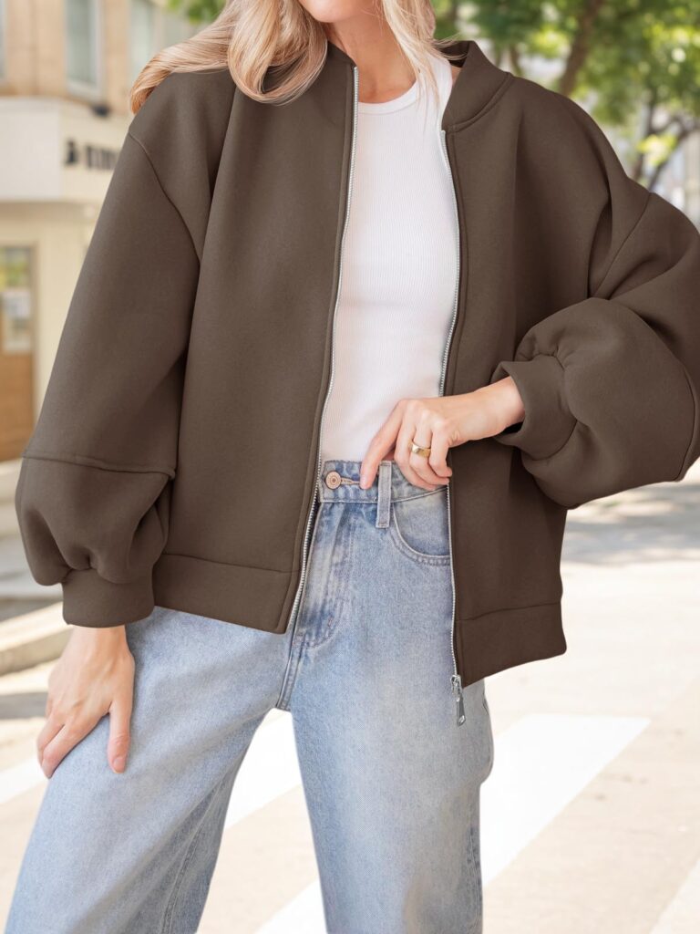 Fisoew Womens Zip Up Sweatshirt Casual Bomber Jacket Lantern Sleeve Oversized Jacket Fall Outfits 2025