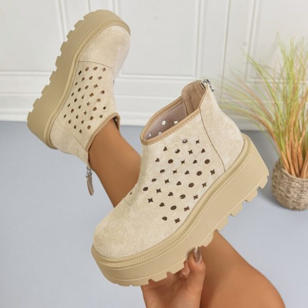Women's Perforated Platform Ankle Boots, Back Zipper Breathable Wedge Booties, Casual Chunky Sole Cutout Boots - Image 3