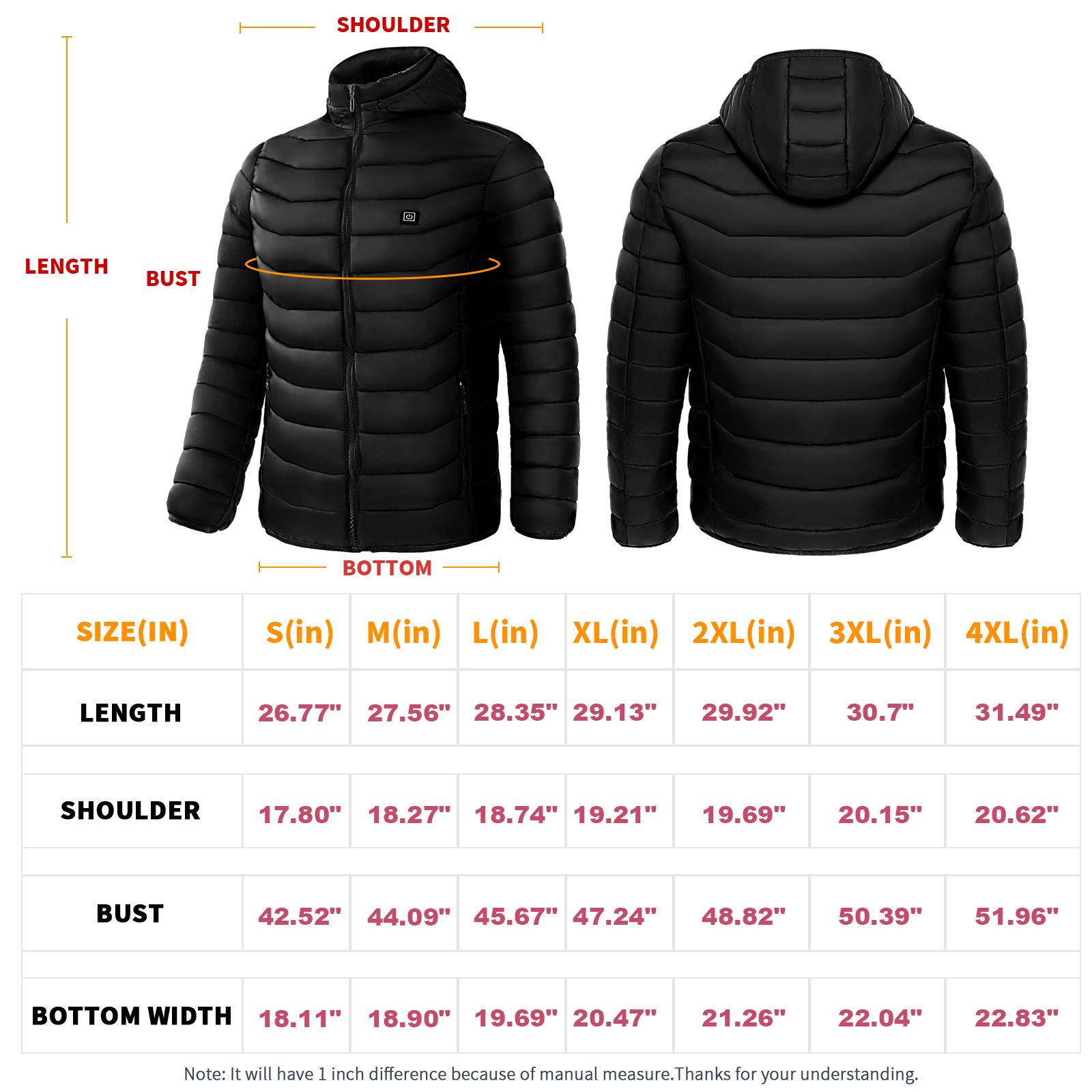 Men Heated Puffer Jacket Electric Heating Coat Insulated Hood Windbreaker 9Heat Zones - Image 12