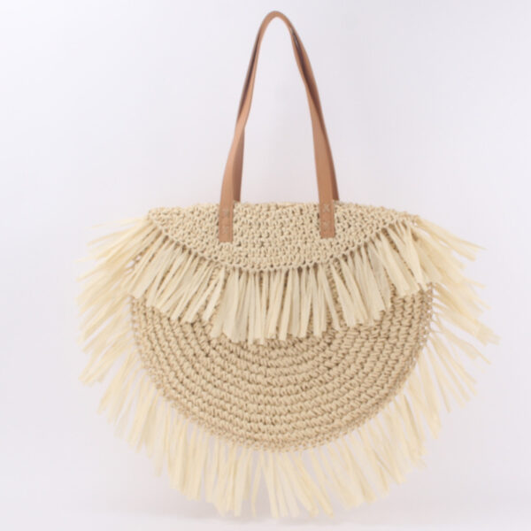 New Semi-circular Tassel Straw Shoulder Bag With Tassels And Paper Trim - Image 4