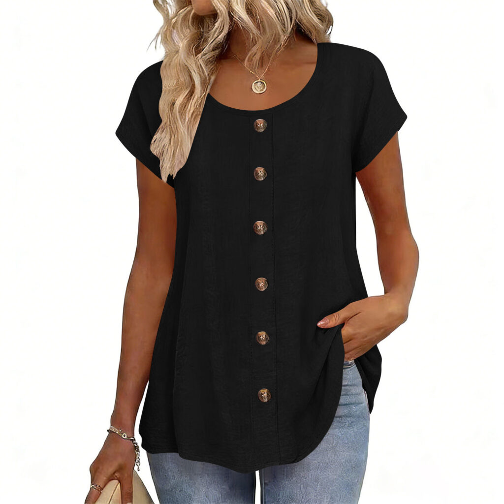 Decorative Girl Button Solid Color Short-Sleeve Crewneck T-Shirt Top