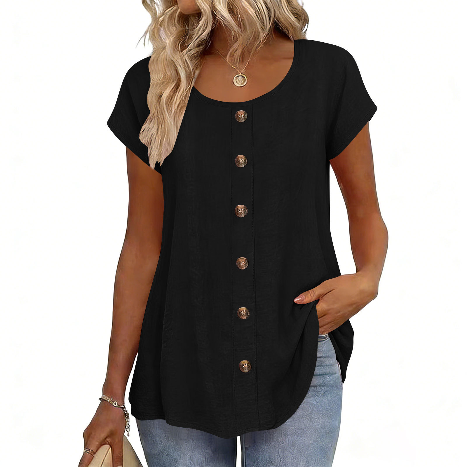 Decorative Girl Button Solid Color Short-Sleeve Crewneck T-Shirt Top - Image 7