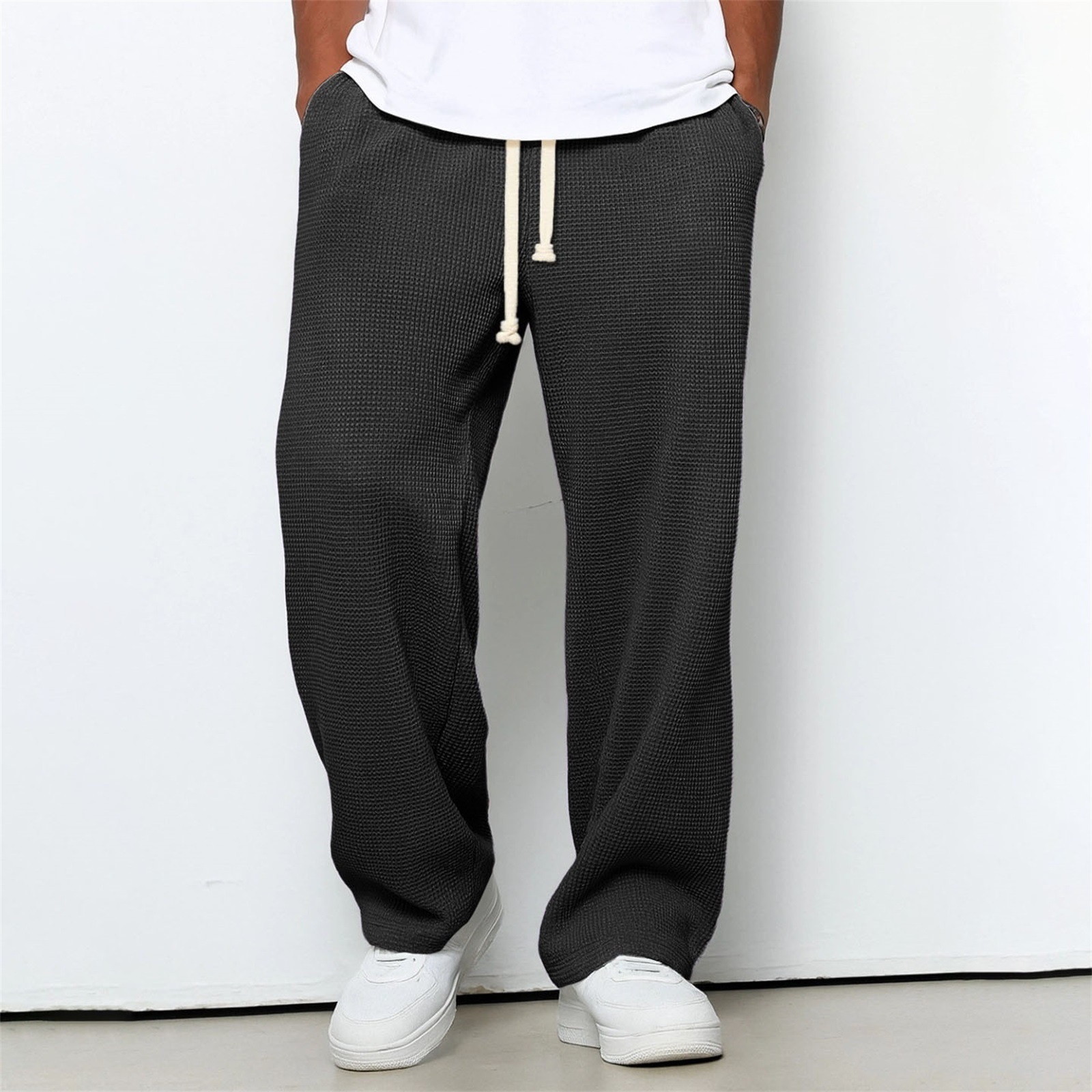 Mens Relaxed-fit Waffle-knit Wide-leg Athleisure Pants - Image 17