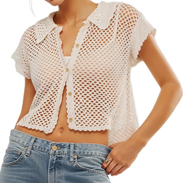 Knitted Cardigan Resort Style With A Turn-down Collar And Short Sleeves - Image 3