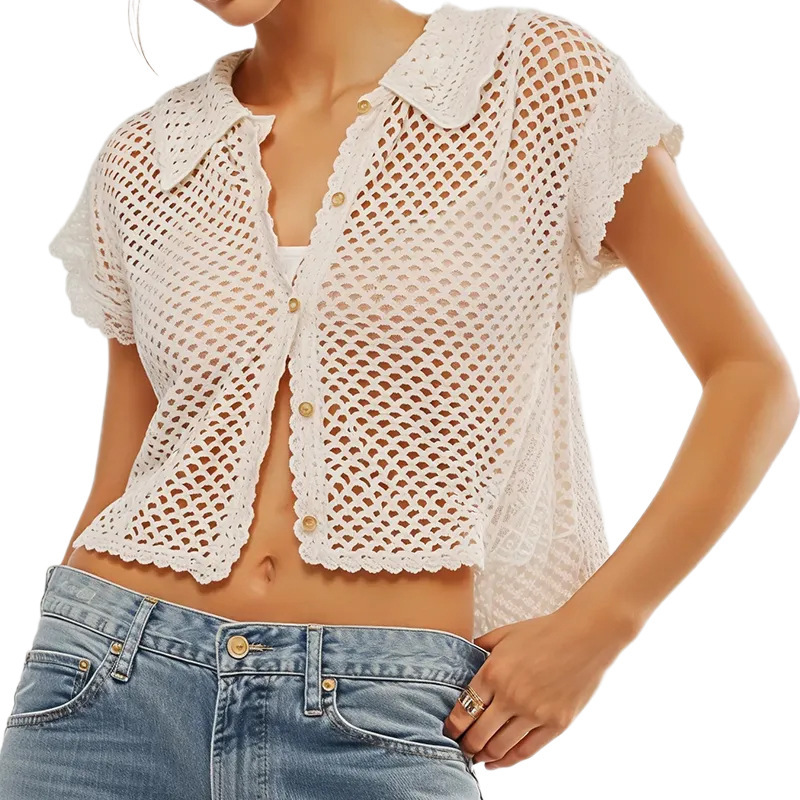 Knitted Cardigan Resort Style With A Turn-down Collar And Short Sleeves - Image 3