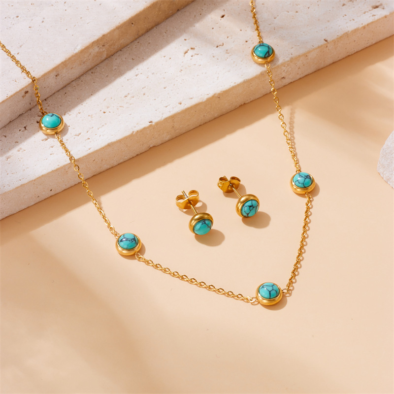 Retro All-Match Blue Turquoise Stainless Steel Jewelry Set - Image 5
