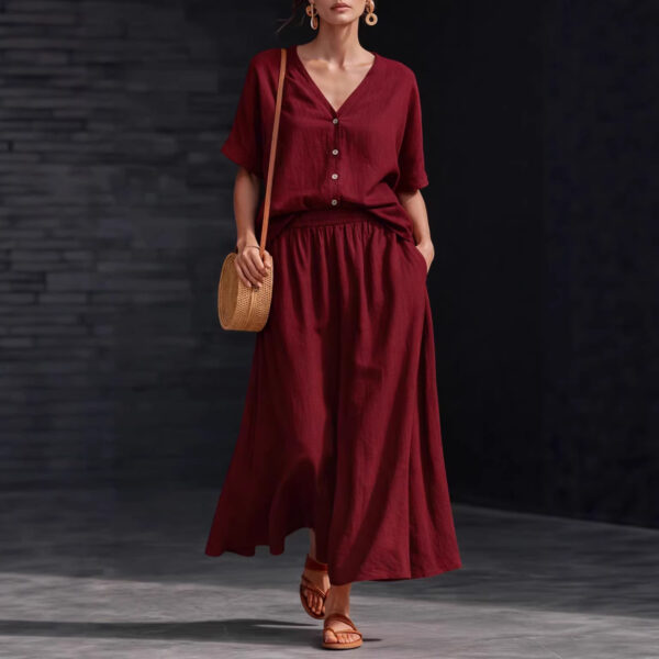 Cotton-linen V-neck Button-up Short-sleeve Top And Skirt Set - Image 9