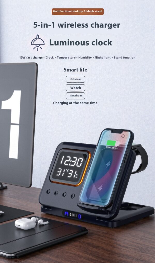 15W Wireless Chargers Stand 5 In1 LED Digital Alarm Clock Fast Charging Dock Station - Image 11