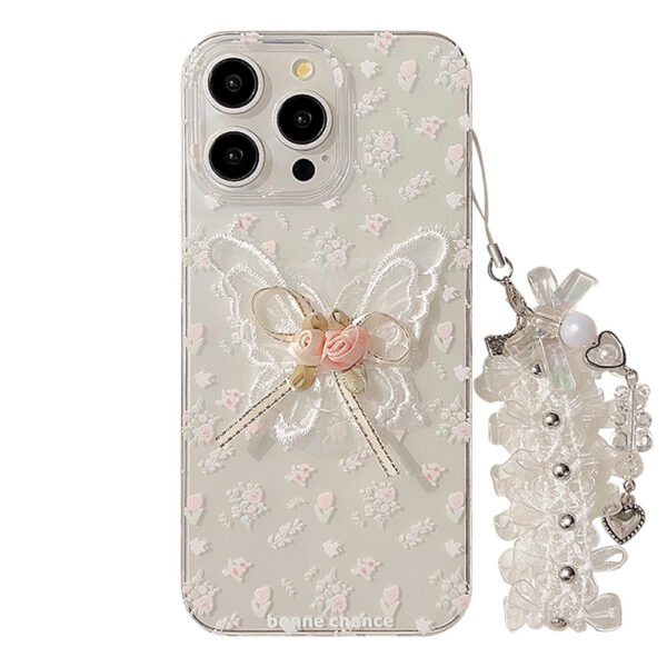 Aesthetic Embroidered Butterfly Flower Phone Case With A Transparent Lace Pendant - Image 2