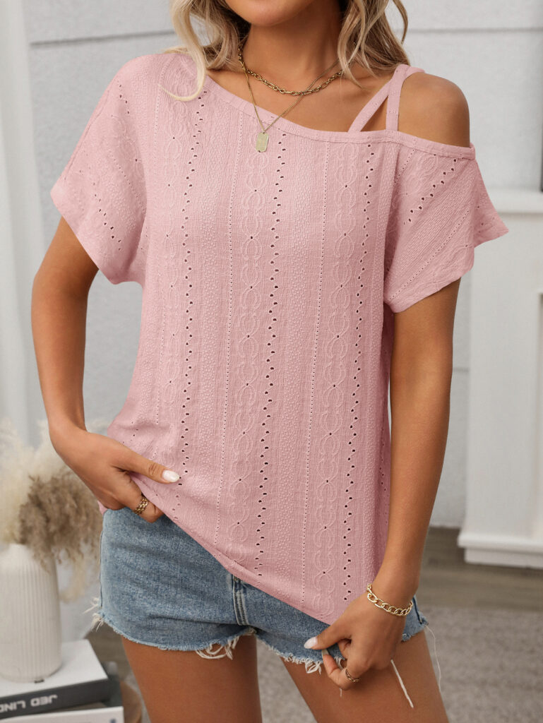 One-shoulder Short-sleeve T-shirt Hollow-out Top For Women