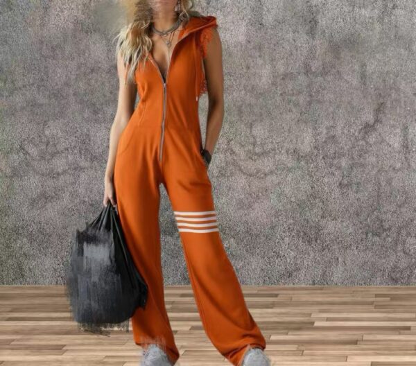 New Style Sporty Retro Lace Striped Sleeveless Hooded Jumpsuit - Image 9