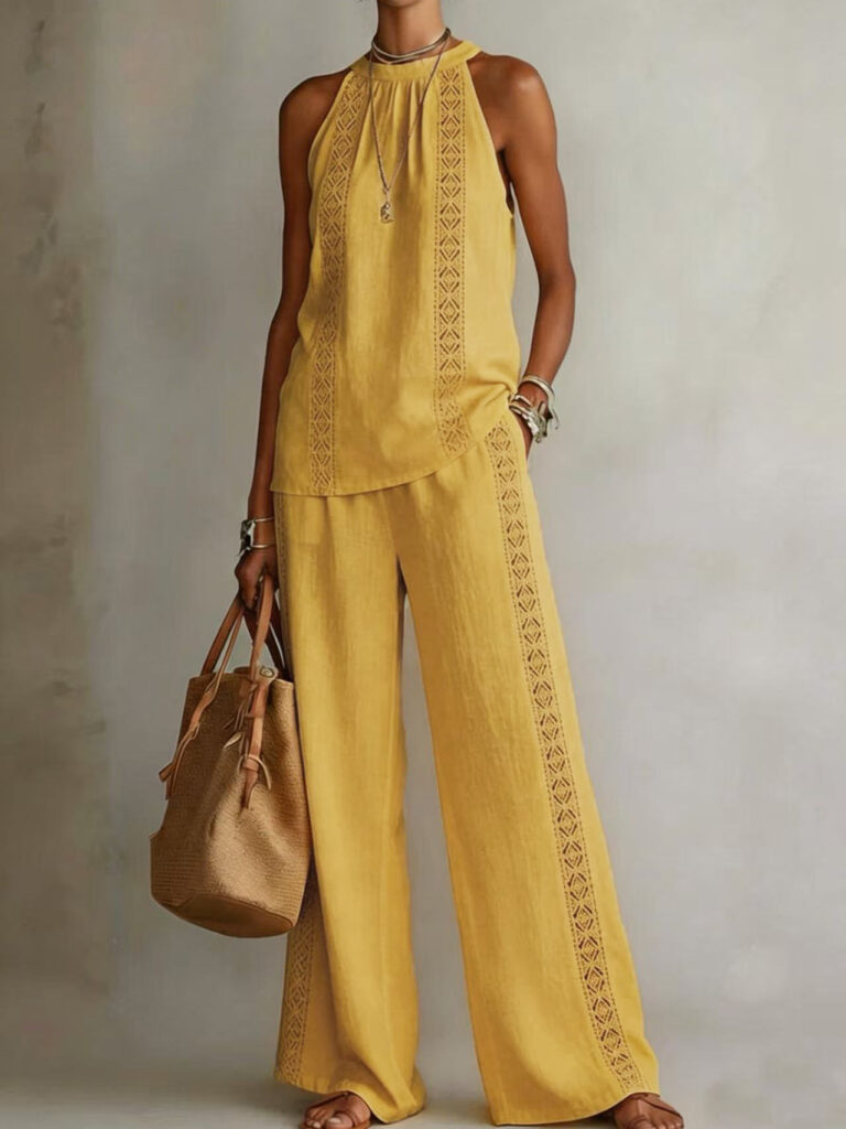 Womens Retro Lace Sleeveless Top And Wide-Leg Pants Two-Piece Set