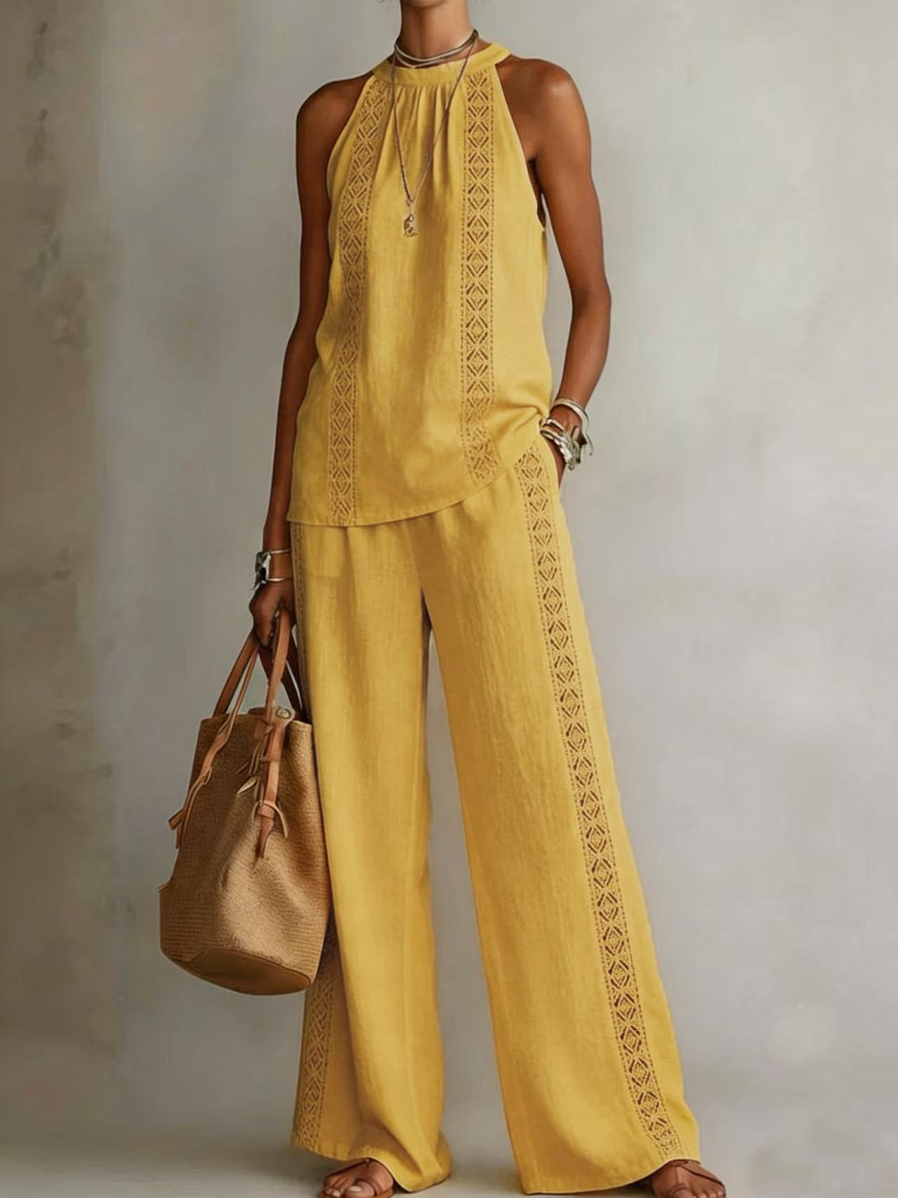 Womens Retro Lace Sleeveless Top And Wide-Leg Pants Two-Piece Set - Image 14