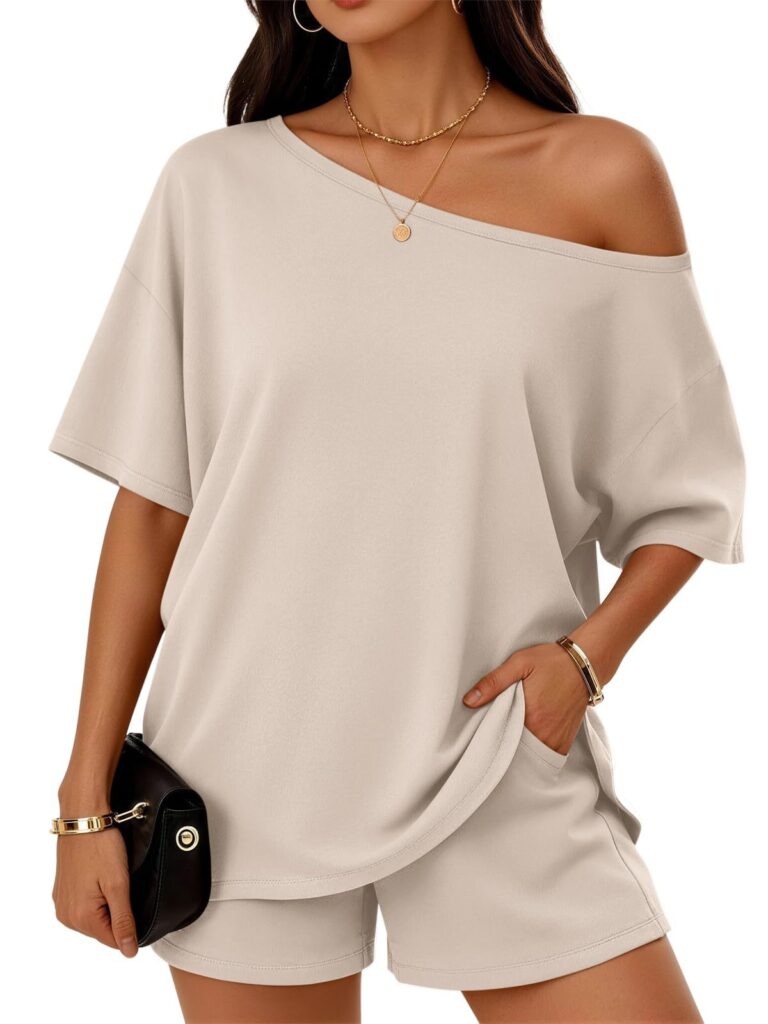 Womens 2-piece Fashionable Casual Set Slant-Neck Top And Shorts