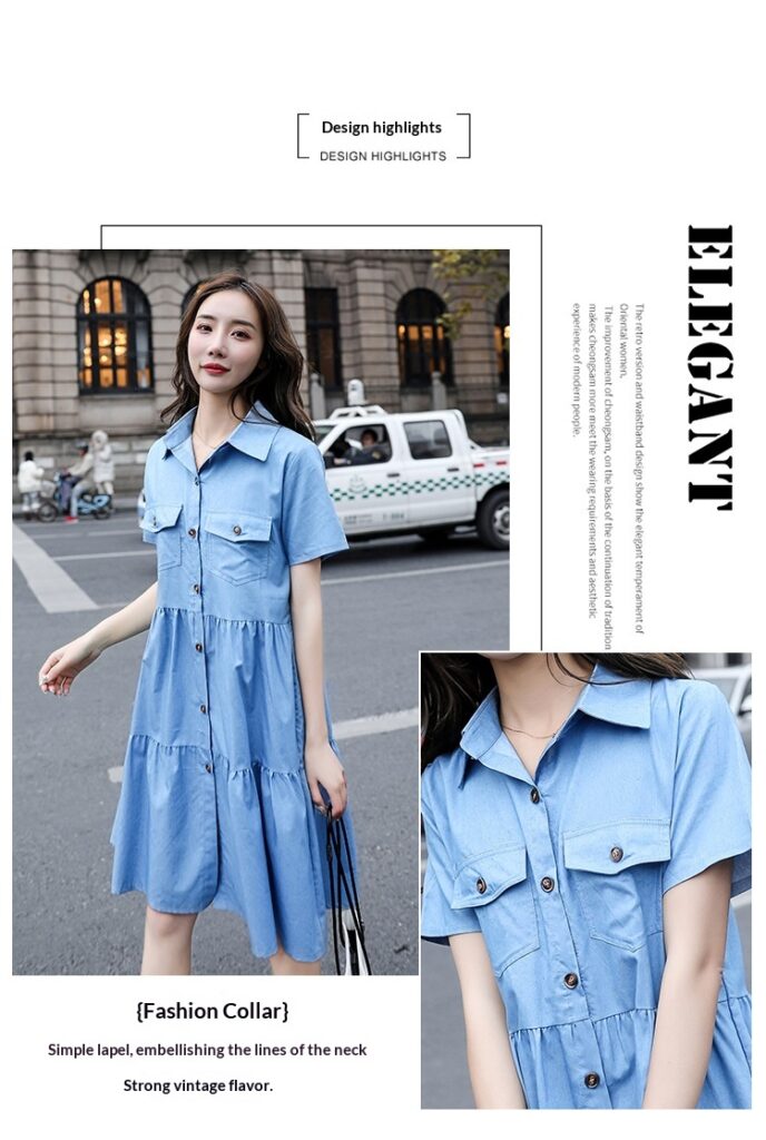 Single-breasted Pocketed Short-sleeve Denim Dress