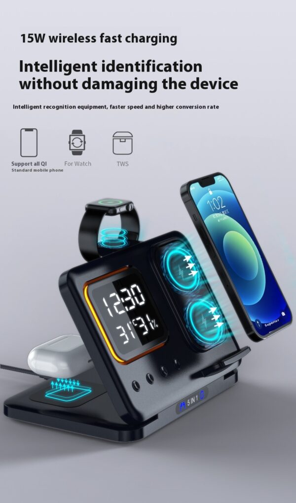 15W Wireless Chargers Stand 5 In1 LED Digital Alarm Clock Fast Charging Dock Station - Image 23