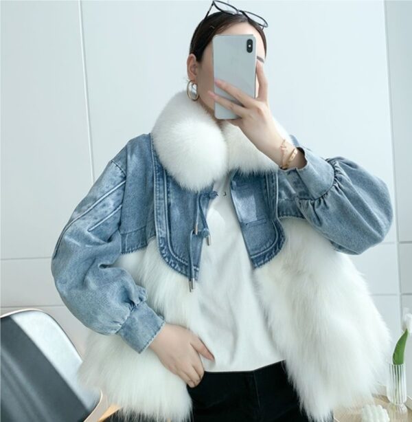 Denim Parka Womens Short Leather Faux Fox Fur Coat - Image 9