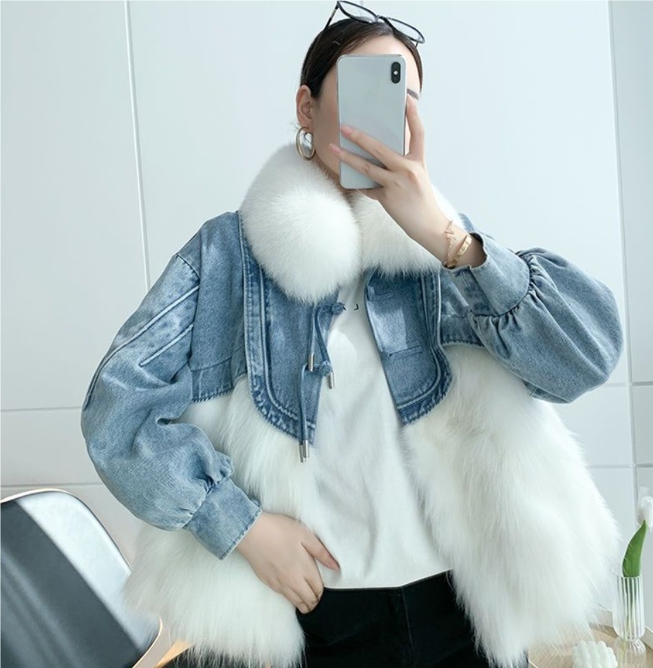 Denim Parka Womens Short Leather Faux Fox Fur Coat - Image 9