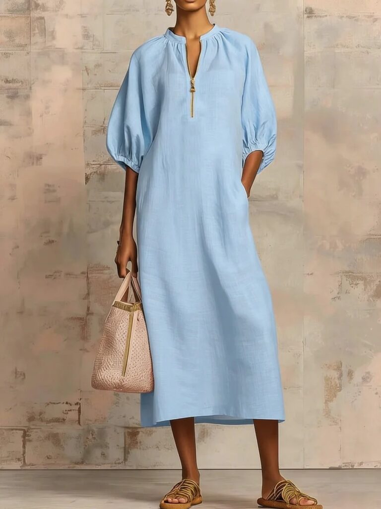 Womens Solid-Colored Cotton-Linen Loose-Fit Casual Puff-Sleeve Dress