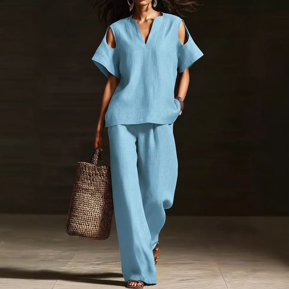 Womens Solid-Colored V-Neck Straight-Leg Pants Short-Sleeve Set With Ripped Details - Image 1