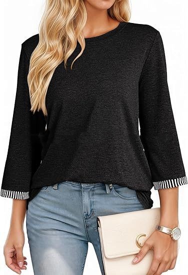 Fashionable Three-Quarter Sleeve Contrast-Piece Panel T-Shirt - Image 9